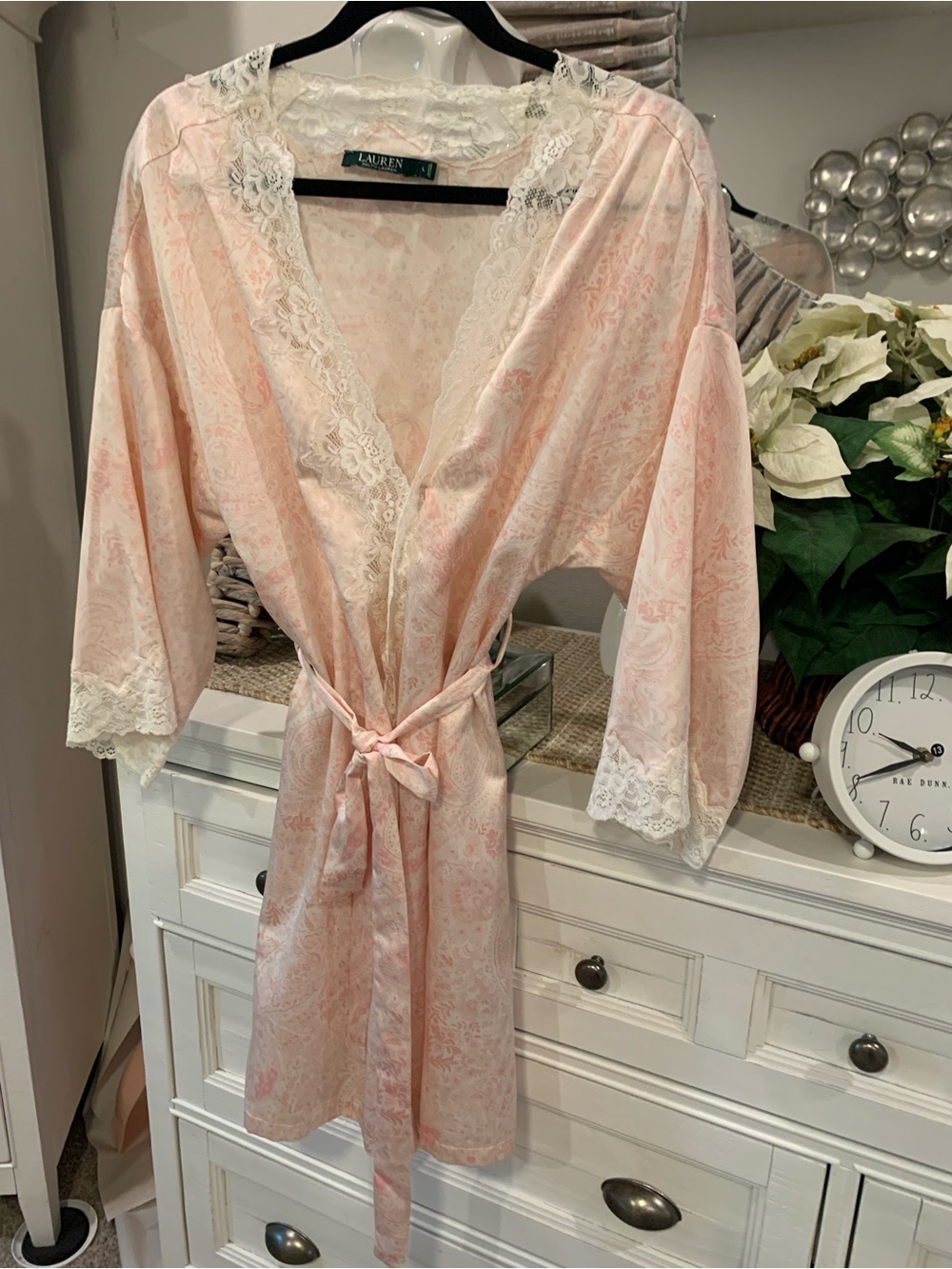 Ralph Lauren Pale Pink Rose-Print Lace-Trim Robe